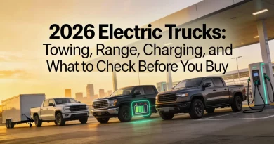 A 2026 electric pickup truck towing a trailer through a mountain pass with a J3400 charging station in the background.