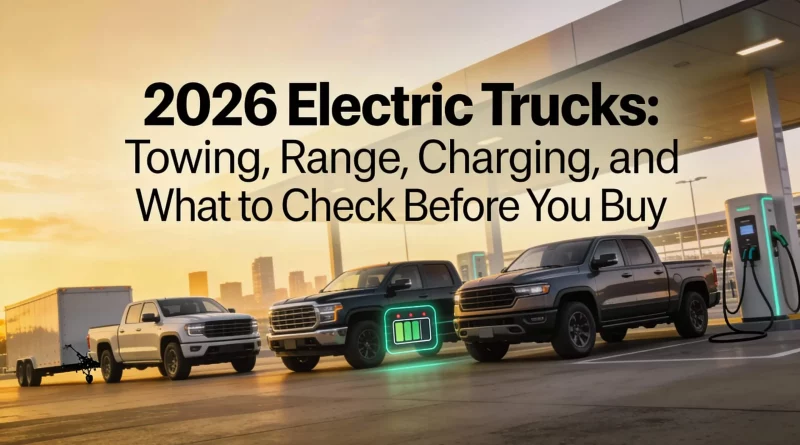 A 2026 electric pickup truck towing a trailer through a mountain pass with a J3400 charging station in the background.