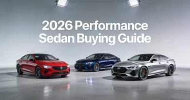 A high-performance 2026 sports sedan carving through a canyon road at sunset.