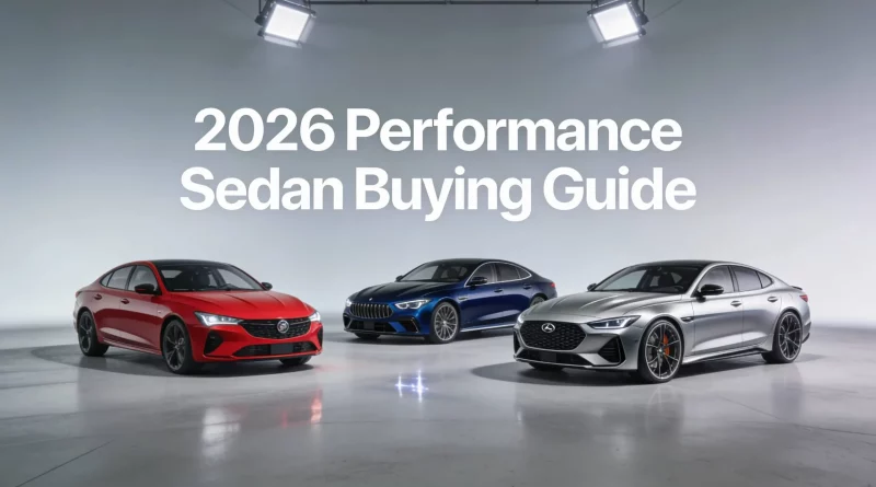 A high-performance 2026 sports sedan carving through a canyon road at sunset.