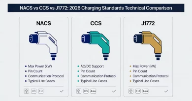 Technical diagram comparing NACS and CCS connector pin configurations.