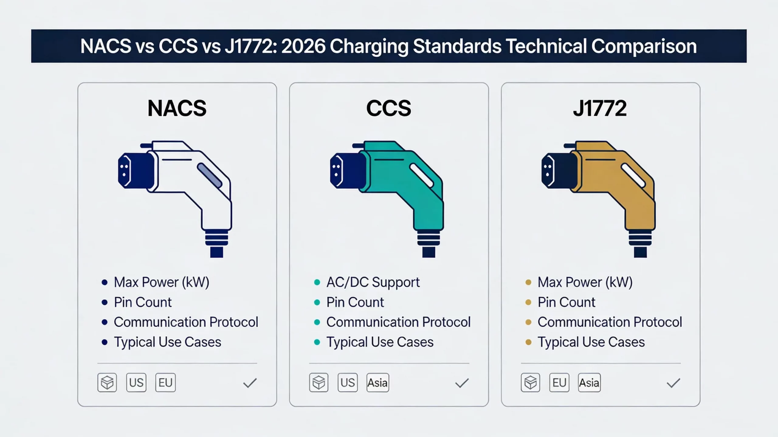NACS vs CCS vs J1772: 2026 Charging Standards Technical Comparison