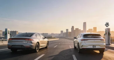 A 2026 hybrid and electric vehicle parked side-by-side at a multi-standard charging station.
