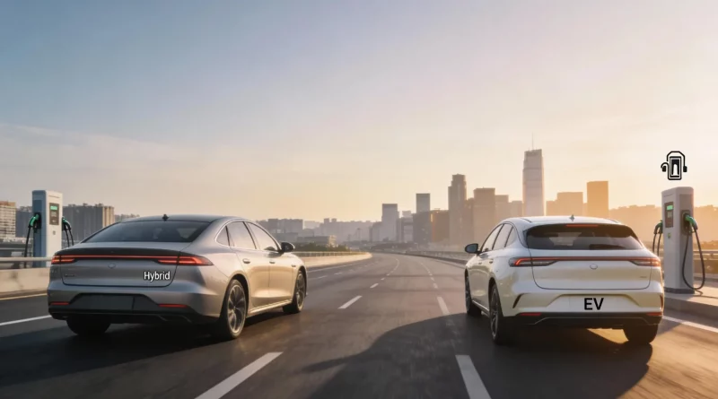 A 2026 hybrid and electric vehicle parked side-by-side at a multi-standard charging station.