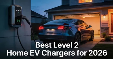 Smart home EV charger with a digital status display and NACS handle.